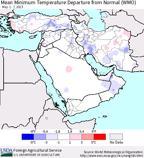 Middle East and Turkey Mean Minimum Temperature Departure from Normal (WMO) Thematic Map For 5/1/2023 - 5/7/2023