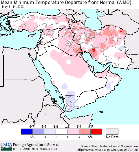 Middle East and Turkey Mean Minimum Temperature Departure from Normal (WMO) Thematic Map For 5/8/2023 - 5/14/2023