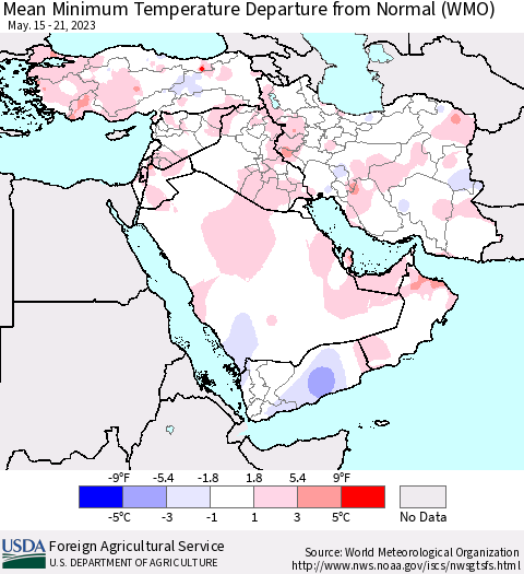 Middle East and Turkey Mean Minimum Temperature Departure from Normal (WMO) Thematic Map For 5/15/2023 - 5/21/2023
