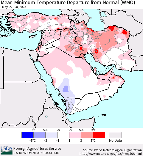 Middle East and Turkey Mean Minimum Temperature Departure from Normal (WMO) Thematic Map For 5/22/2023 - 5/28/2023