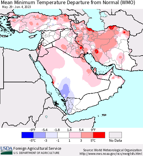 Middle East and Turkey Mean Minimum Temperature Departure from Normal (WMO) Thematic Map For 5/29/2023 - 6/4/2023