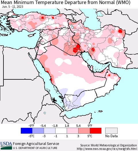 Middle East and Turkey Mean Minimum Temperature Departure from Normal (WMO) Thematic Map For 6/5/2023 - 6/11/2023