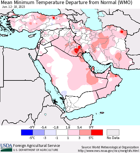 Middle East and Turkey Mean Minimum Temperature Departure from Normal (WMO) Thematic Map For 6/12/2023 - 6/18/2023