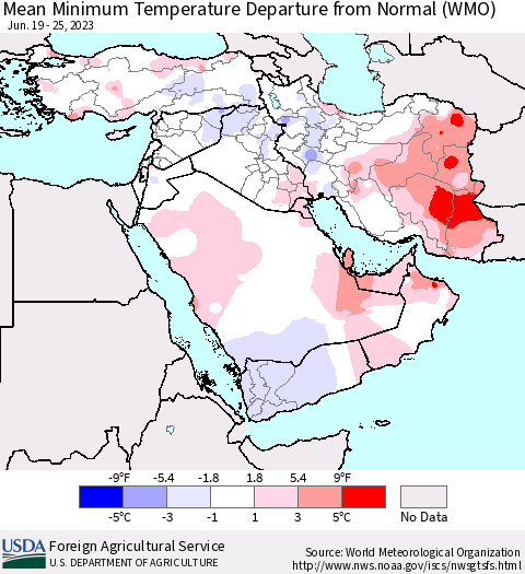 Middle East and Turkey Mean Minimum Temperature Departure from Normal (WMO) Thematic Map For 6/19/2023 - 6/25/2023