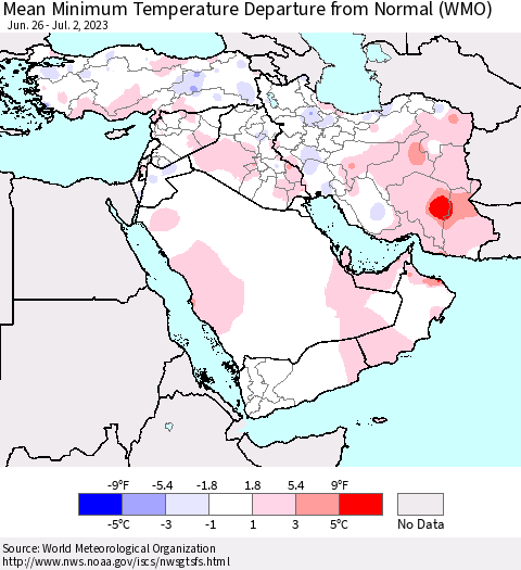 Middle East and Turkey Mean Minimum Temperature Departure from Normal (WMO) Thematic Map For 6/26/2023 - 7/2/2023