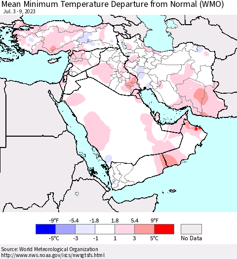 Middle East and Turkey Mean Minimum Temperature Departure from Normal (WMO) Thematic Map For 7/3/2023 - 7/9/2023