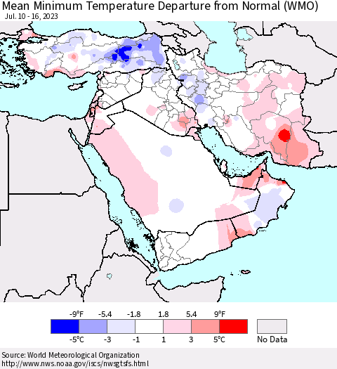 Middle East and Turkey Mean Minimum Temperature Departure from Normal (WMO) Thematic Map For 7/10/2023 - 7/16/2023