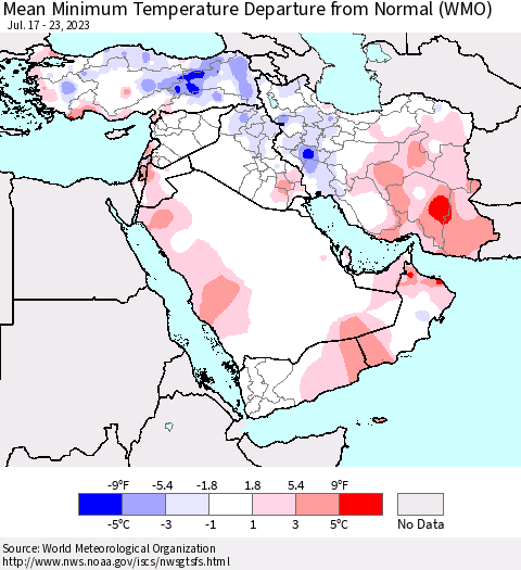 Middle East and Turkey Mean Minimum Temperature Departure from Normal (WMO) Thematic Map For 7/17/2023 - 7/23/2023