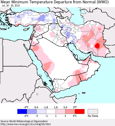 Middle East and Turkey Mean Minimum Temperature Departure from Normal (WMO) Thematic Map For 7/24/2023 - 7/30/2023