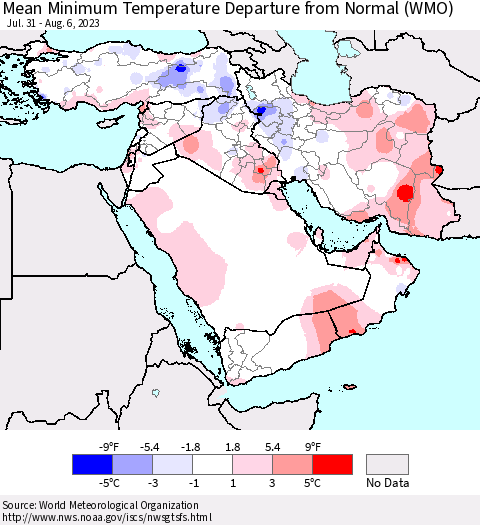 Middle East and Turkey Mean Minimum Temperature Departure from Normal (WMO) Thematic Map For 7/31/2023 - 8/6/2023