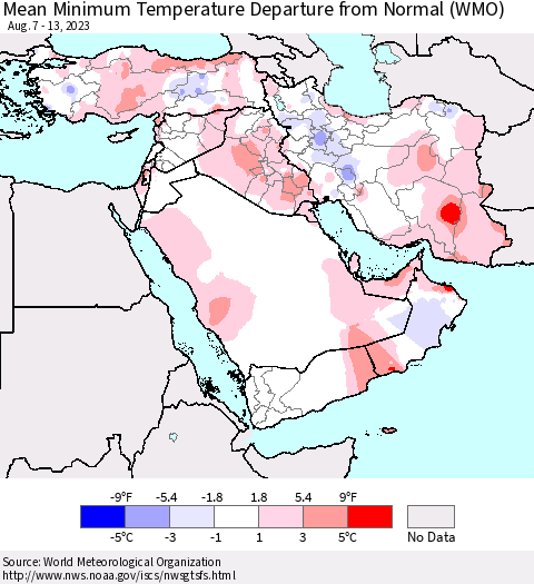 Middle East and Turkey Mean Minimum Temperature Departure from Normal (WMO) Thematic Map For 8/7/2023 - 8/13/2023
