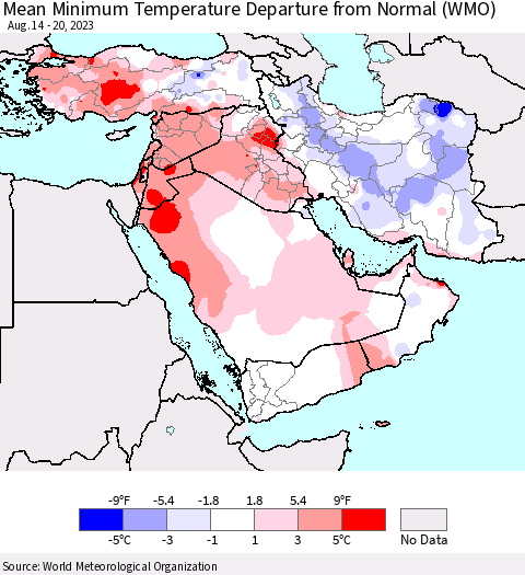Middle East and Turkey Mean Minimum Temperature Departure from Normal (WMO) Thematic Map For 8/14/2023 - 8/20/2023