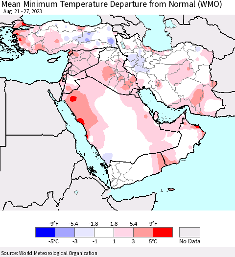Middle East and Turkey Mean Minimum Temperature Departure from Normal (WMO) Thematic Map For 8/21/2023 - 8/27/2023