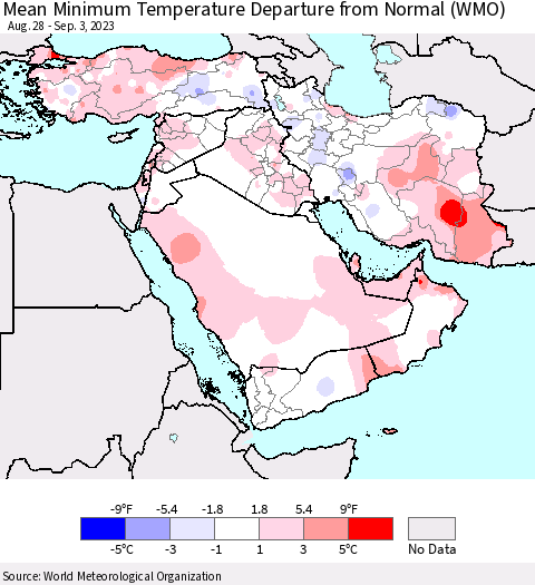 Middle East and Turkey Mean Minimum Temperature Departure from Normal (WMO) Thematic Map For 8/28/2023 - 9/3/2023