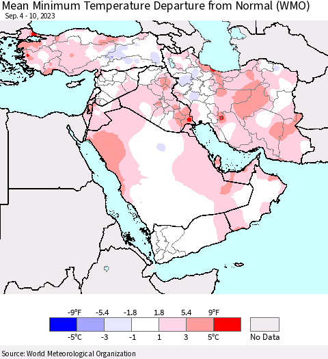 Middle East and Turkey Mean Minimum Temperature Departure from Normal (WMO) Thematic Map For 9/4/2023 - 9/10/2023