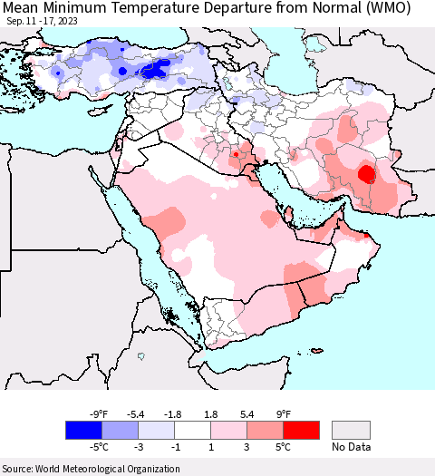 Middle East and Turkey Mean Minimum Temperature Departure from Normal (WMO) Thematic Map For 9/11/2023 - 9/17/2023