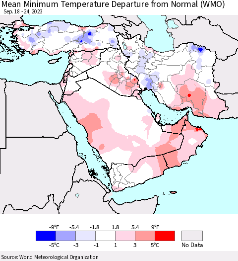 Middle East and Turkey Mean Minimum Temperature Departure from Normal (WMO) Thematic Map For 9/18/2023 - 9/24/2023
