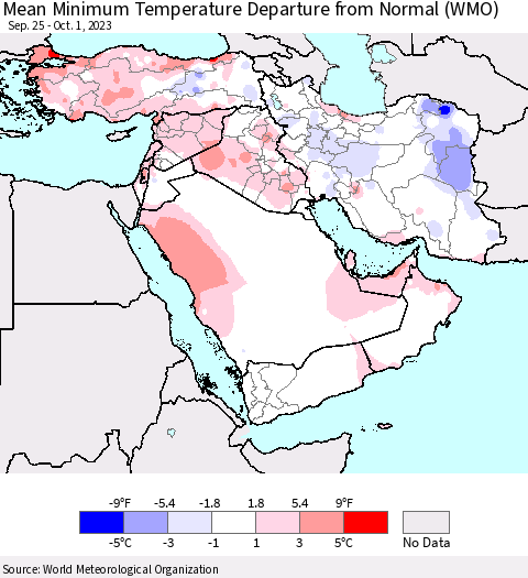 Middle East and Turkey Mean Minimum Temperature Departure from Normal (WMO) Thematic Map For 9/25/2023 - 10/1/2023
