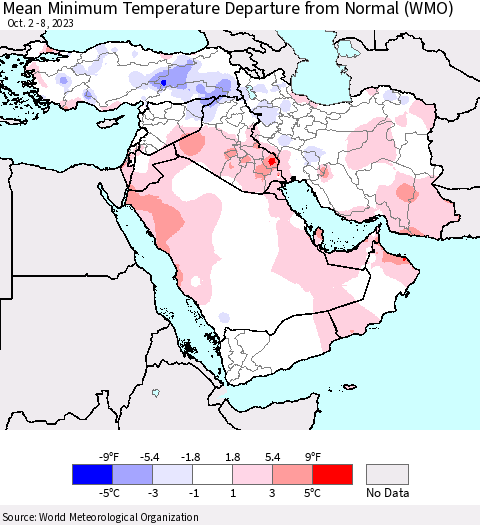 Middle East and Turkey Mean Minimum Temperature Departure from Normal (WMO) Thematic Map For 10/2/2023 - 10/8/2023
