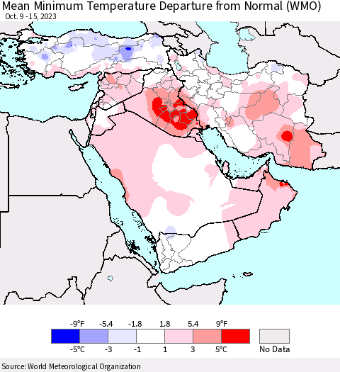Middle East and Turkey Mean Minimum Temperature Departure from Normal (WMO) Thematic Map For 10/9/2023 - 10/15/2023