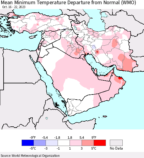 Middle East and Turkey Mean Minimum Temperature Departure from Normal (WMO) Thematic Map For 10/16/2023 - 10/22/2023