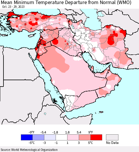 Middle East and Turkey Mean Minimum Temperature Departure from Normal (WMO) Thematic Map For 10/23/2023 - 10/29/2023