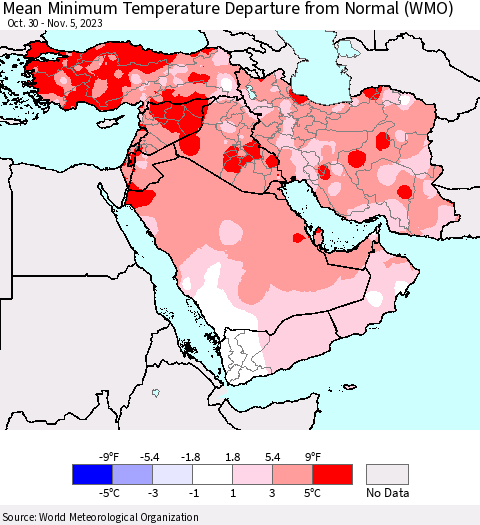 Middle East and Turkey Mean Minimum Temperature Departure from Normal (WMO) Thematic Map For 10/30/2023 - 11/5/2023