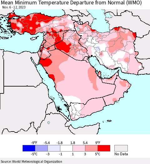 Middle East and Turkey Mean Minimum Temperature Departure from Normal (WMO) Thematic Map For 11/6/2023 - 11/12/2023