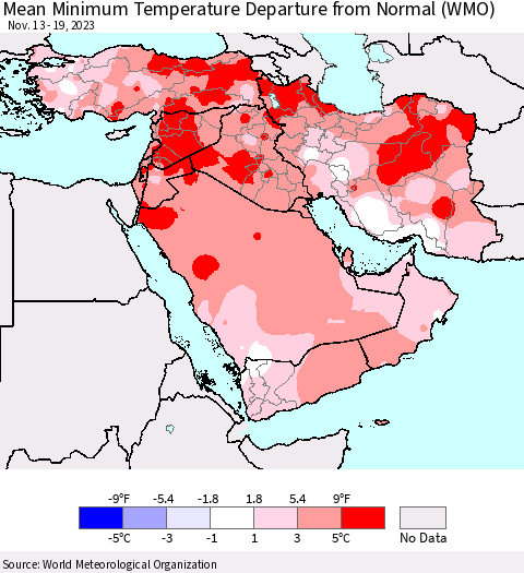 Middle East and Turkey Mean Minimum Temperature Departure from Normal (WMO) Thematic Map For 11/13/2023 - 11/19/2023