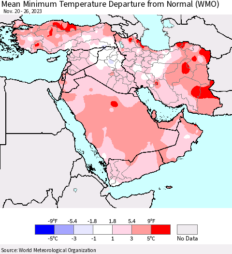 Middle East and Turkey Mean Minimum Temperature Departure from Normal (WMO) Thematic Map For 11/20/2023 - 11/26/2023
