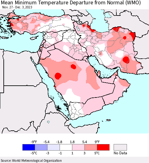 Middle East and Turkey Mean Minimum Temperature Departure from Normal (WMO) Thematic Map For 11/27/2023 - 12/3/2023