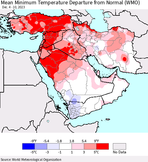 Middle East and Turkey Mean Minimum Temperature Departure from Normal (WMO) Thematic Map For 12/4/2023 - 12/10/2023