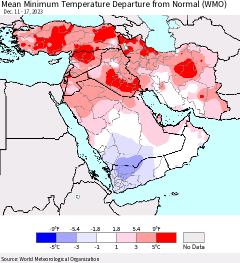 Middle East and Turkey Mean Minimum Temperature Departure from Normal (WMO) Thematic Map For 12/11/2023 - 12/17/2023