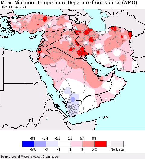 Middle East and Turkey Mean Minimum Temperature Departure from Normal (WMO) Thematic Map For 12/18/2023 - 12/24/2023