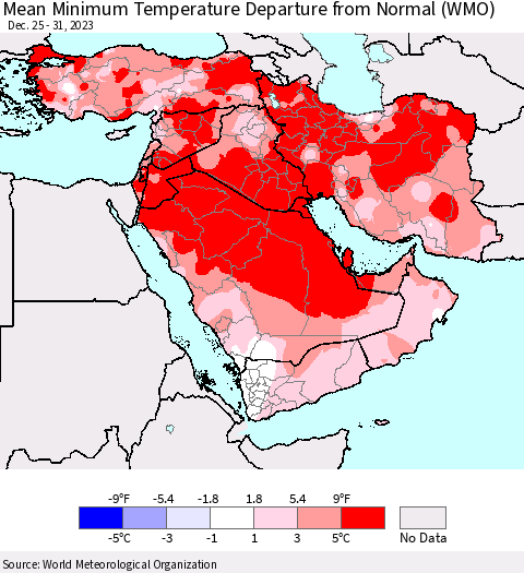 Middle East and Turkey Mean Minimum Temperature Departure from Normal (WMO) Thematic Map For 12/25/2023 - 12/31/2023