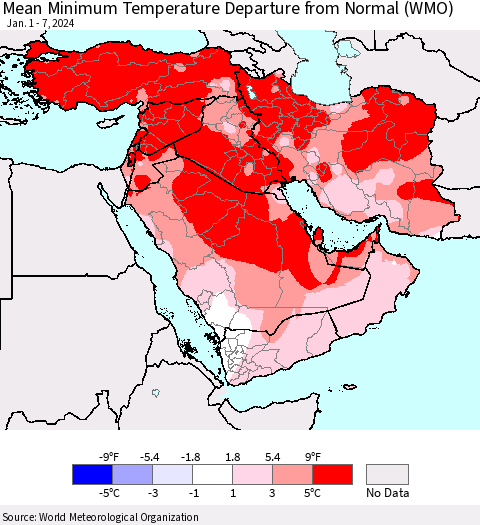 Middle East and Turkey Mean Minimum Temperature Departure from Normal (WMO) Thematic Map For 1/1/2024 - 1/7/2024
