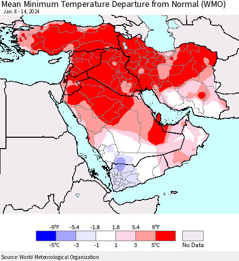 Middle East and Turkey Mean Minimum Temperature Departure from Normal (WMO) Thematic Map For 1/8/2024 - 1/14/2024
