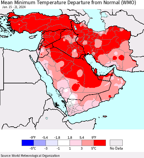 Middle East and Turkey Mean Minimum Temperature Departure from Normal (WMO) Thematic Map For 1/15/2024 - 1/21/2024