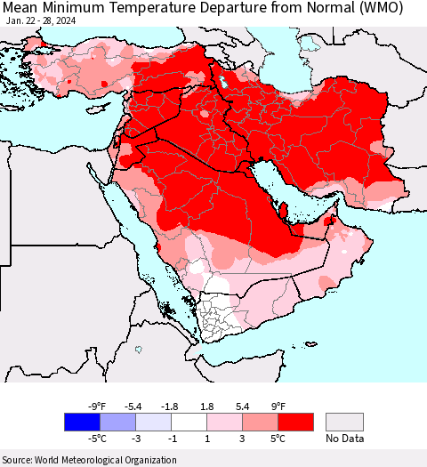 Middle East and Turkey Mean Minimum Temperature Departure from Normal (WMO) Thematic Map For 1/22/2024 - 1/28/2024