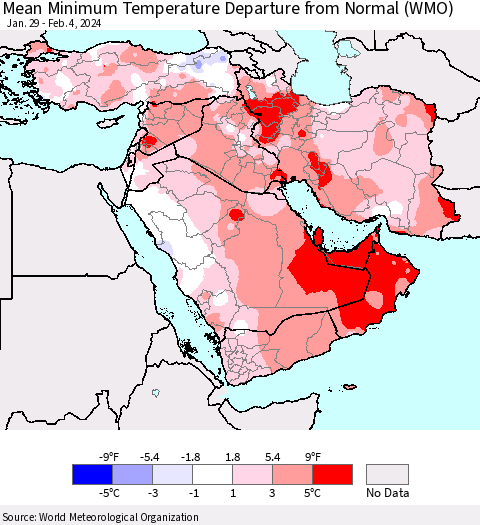 Middle East and Turkey Mean Minimum Temperature Departure from Normal (WMO) Thematic Map For 1/29/2024 - 2/4/2024