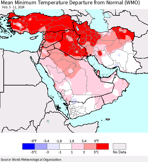 Middle East and Turkey Mean Minimum Temperature Departure from Normal (WMO) Thematic Map For 2/5/2024 - 2/11/2024