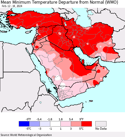 Middle East and Turkey Mean Minimum Temperature Departure from Normal (WMO) Thematic Map For 2/12/2024 - 2/18/2024
