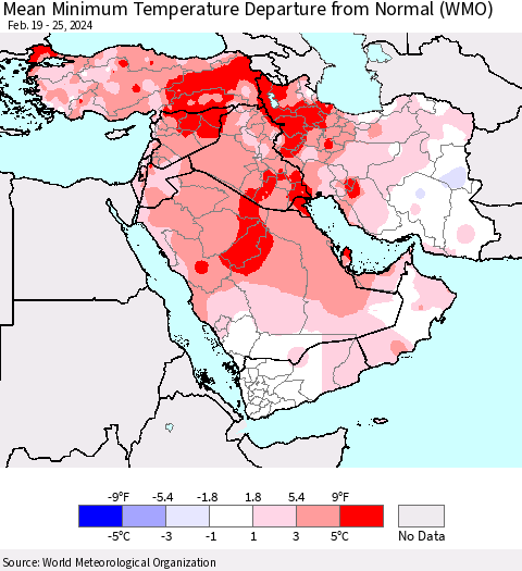 Middle East and Turkey Mean Minimum Temperature Departure from Normal (WMO) Thematic Map For 2/19/2024 - 2/25/2024
