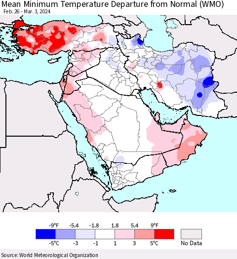 Middle East and Turkey Mean Minimum Temperature Departure from Normal (WMO) Thematic Map For 2/26/2024 - 3/3/2024