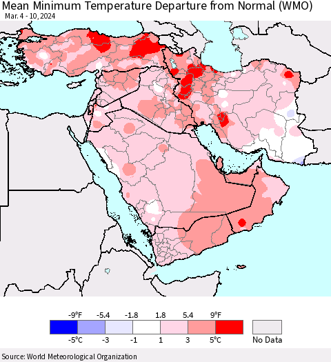 Middle East and Turkey Mean Minimum Temperature Departure from Normal (WMO) Thematic Map For 3/4/2024 - 3/10/2024