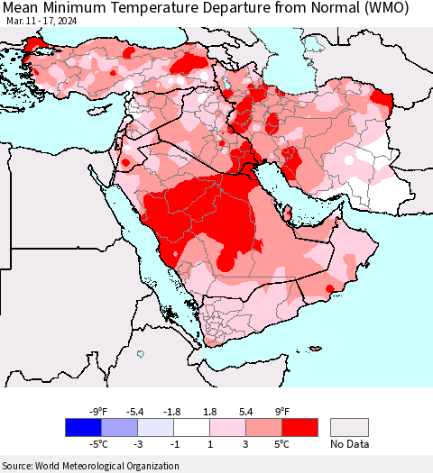 Middle East and Turkey Mean Minimum Temperature Departure from Normal (WMO) Thematic Map For 3/11/2024 - 3/17/2024