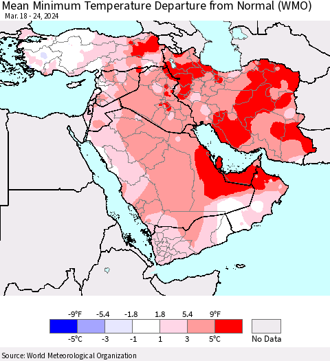Middle East and Turkey Mean Minimum Temperature Departure from Normal (WMO) Thematic Map For 3/18/2024 - 3/24/2024