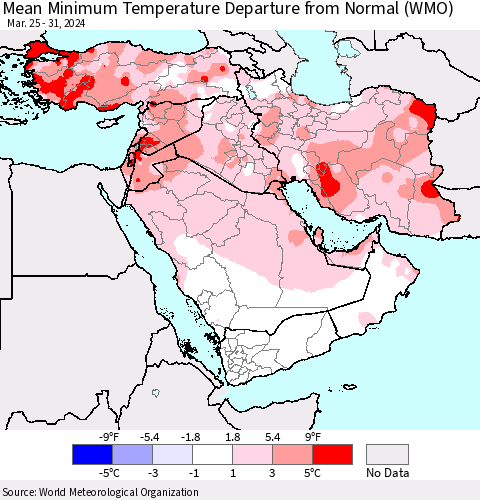 Middle East and Turkey Mean Minimum Temperature Departure from Normal (WMO) Thematic Map For 3/25/2024 - 3/31/2024