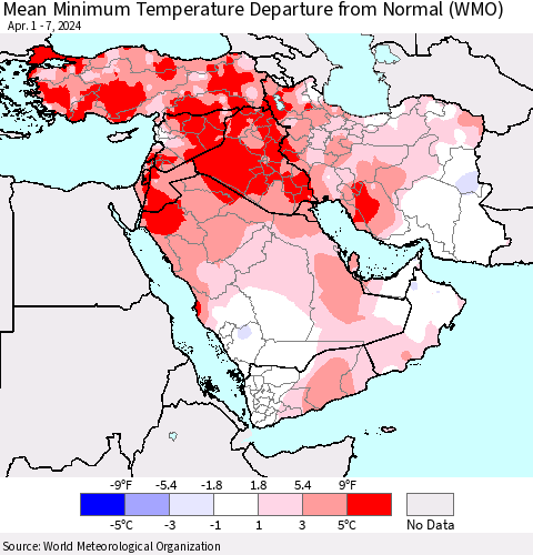 Middle East and Turkey Mean Minimum Temperature Departure from Normal (WMO) Thematic Map For 4/1/2024 - 4/7/2024