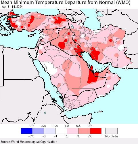 Middle East and Turkey Mean Minimum Temperature Departure from Normal (WMO) Thematic Map For 4/8/2024 - 4/14/2024